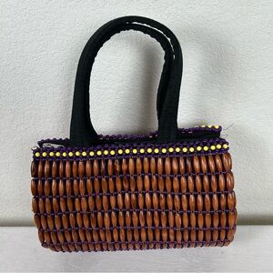 Bohemian Boho brown, purple and yellow beaded purse  zip closure lined Hippie